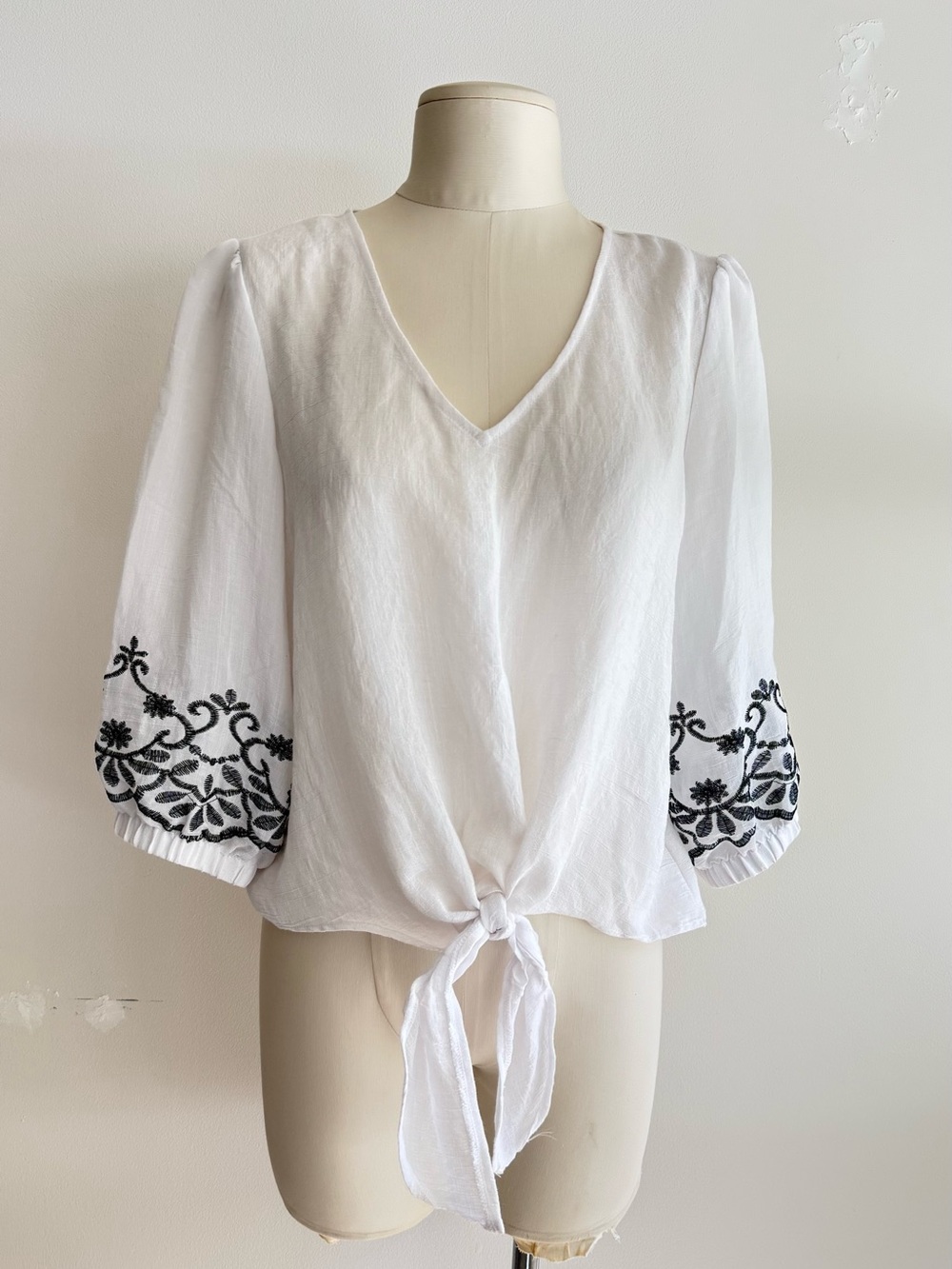 White V-Neck Tie-Front Blouse with Black Embroidered Sleeves